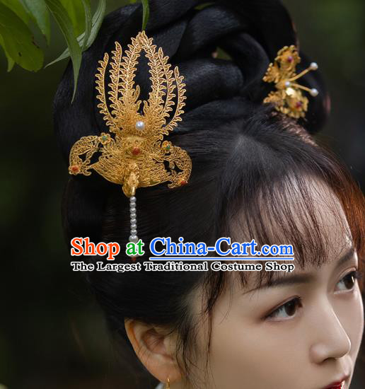 China Handmade Ancient Noble Lady Tassel Hairpin Traditional Ming Dynasty Filigree Phoenix Hair Stick