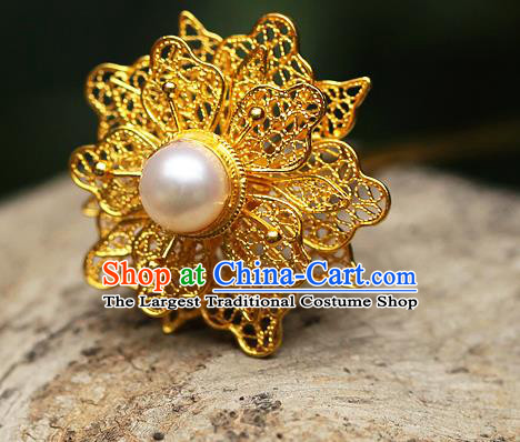 China Ancient Court Lady Pearl Hair Jewelry Traditional Song Dynasty Filigree Peony Hairpin