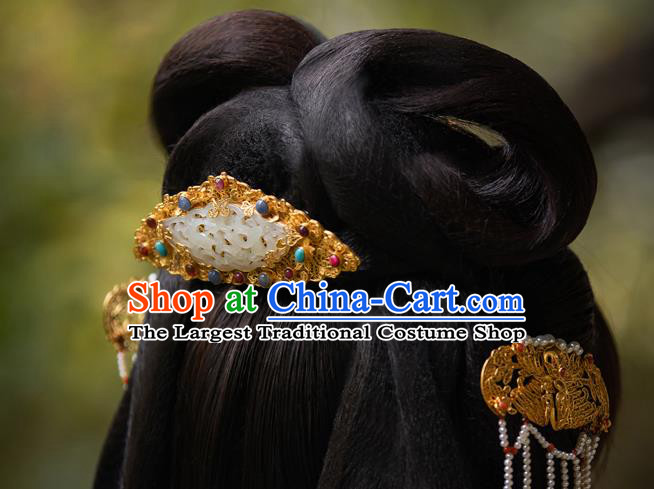 China Ancient Court Gems Hair Jewelry Traditional Ming Dynasty Empress Jade Golden Hairpin