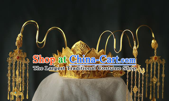 China Ancient Drama Queen Phoenix Coronet Traditional Tang Dynasty Golden Lotus Tassel Hair Crown