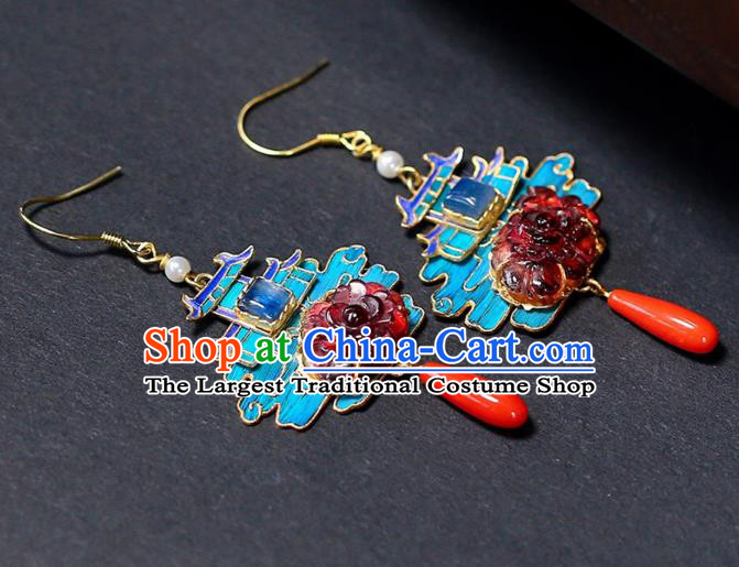 Chinese Handmade Cheongsam Tourmaline Peony Ear Accessories Traditional Qing Dynasty Court Earrings