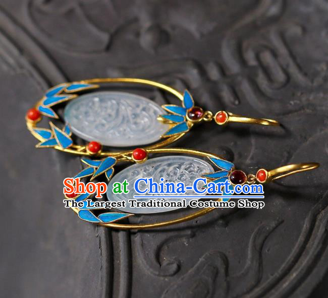 Chinese Traditional Qing Dynasty Imperial Consort Earrings Handmade Ancient Court Jade Ear Accessories