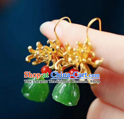 Chinese Handmade National Golden Chrysanthemum Ear Accessories Traditional Cheongsam Jade Lotus Seedpod Earrings