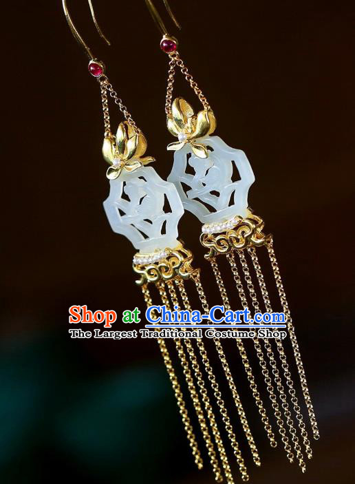 Chinese Handmade White Jade Ear Accessories Traditional Cheongsam Golden Orchid Tassel Earrings