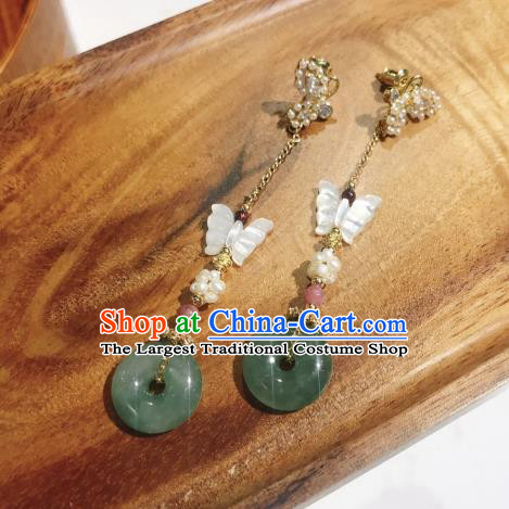 Chinese National Jade Peace Buckle Ear Accessories Handmade Traditional Cheongsam Shell Butterfly Earrings Jewelry