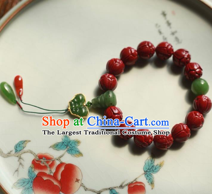 Chinese Traditional Cinnabar Beads Carving Wristlet Accessories National Cheongsam Jadeite Bracelet