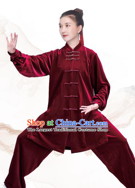 China Tai Ji Training Clothing Tai Chi Costumes Traditional Kung Fu Purplish Red Velvet Uniforms