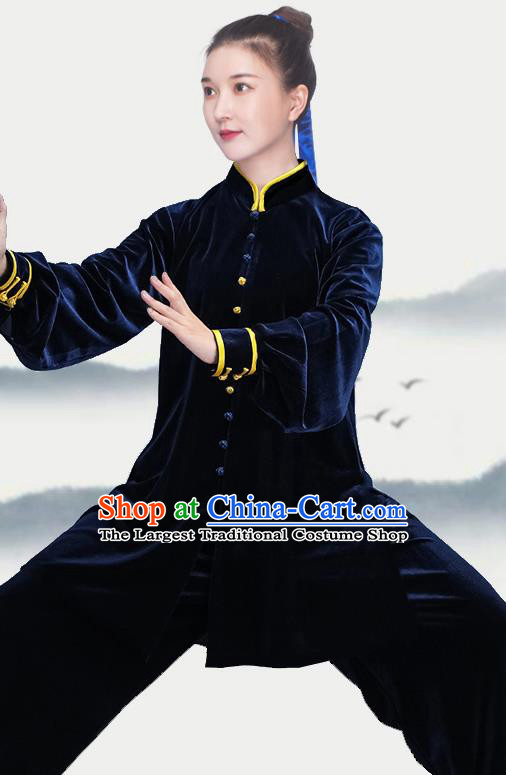 China Tai Chi Training Costumes Traditional Kung Fu Navy Velvet Uniforms Martial Arts Clothing