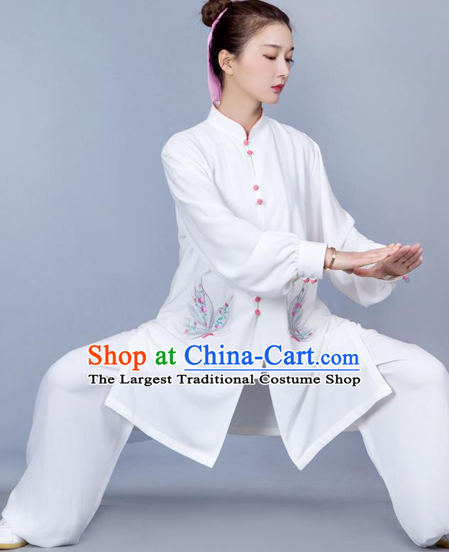 China Martial Arts Clothing Tai Chi Training Costumes Traditional Kung Fu Embroidered Butterfly White Uniforms