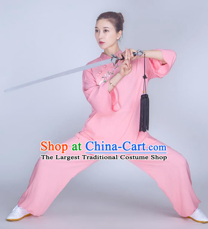 China Martial Arts Embroidered Clothing Traditional Tai Chi Training Costume Kung Fu Pink Flax Uniforms