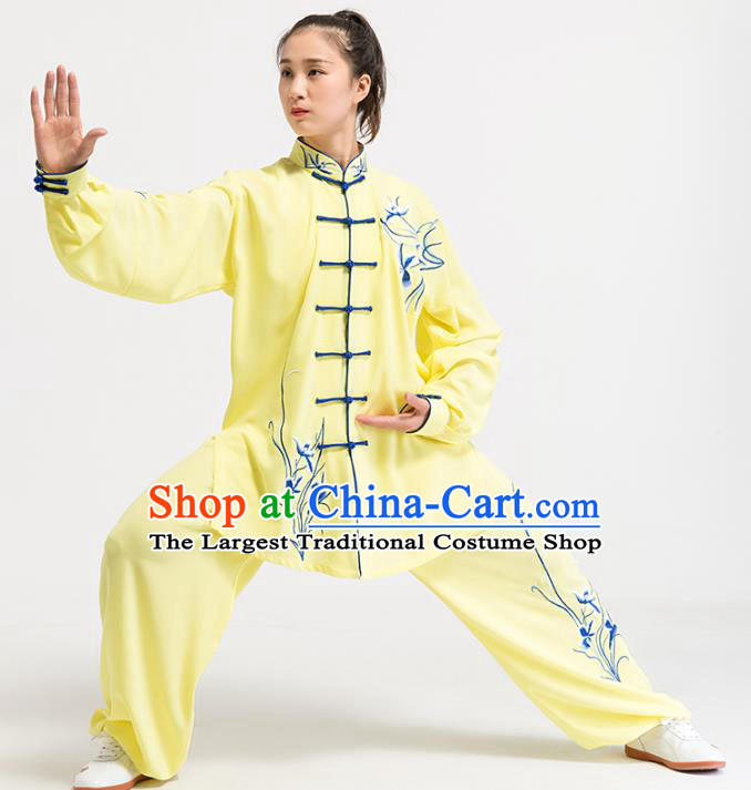 China Top Kung Fu Competition Costumes Tai Chi Training Embroidered Orchids Yellow Uniforms