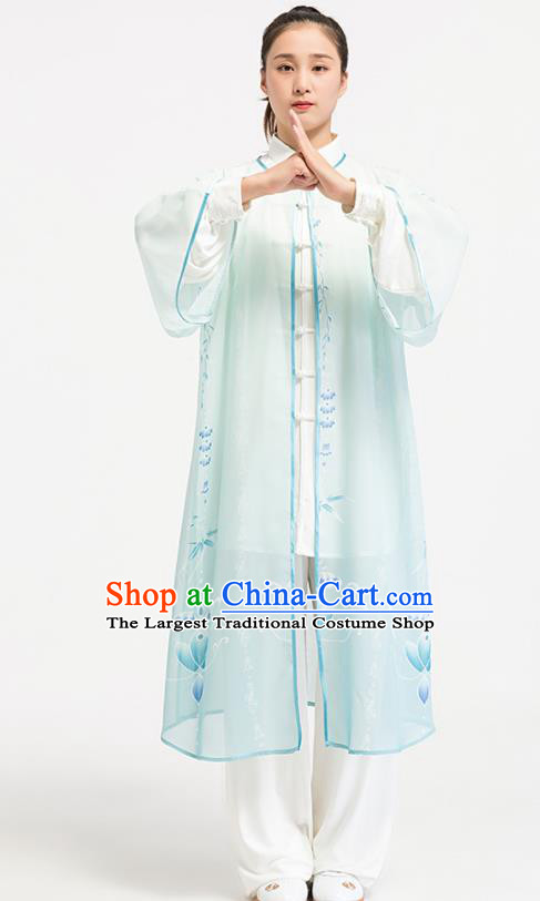 China Tai Chi Training Cape Traditional Kung Fu Printing Lotus Light Green Cloak