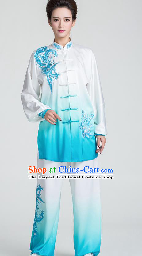 China Kung Fu Embroidered Phoenix Peony Blue Uniforms Traditional Tai Chi Competition Clothing