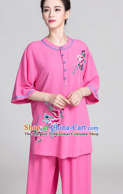 China Kung Fu Clothing Traditional Martial Arts Embroidered Rosy Flax Short Sleeve Uniforms Summer Tai Chi Costumes