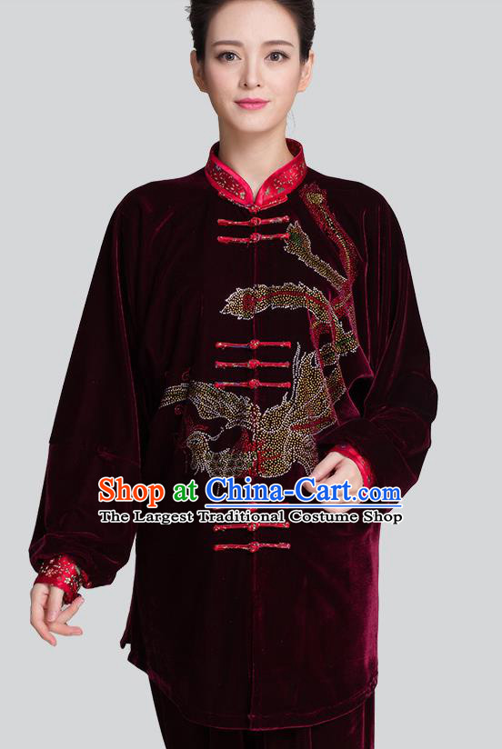 China Traditional Diamante Phoenix Purplish Red Pleuche Uniforms Martial Arts Clothing