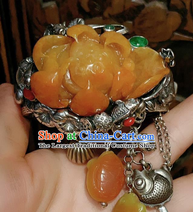 Chinese National Jade Carving Lotus Bracelet Jewelry Traditional Handmade Accessories Silver Bangle