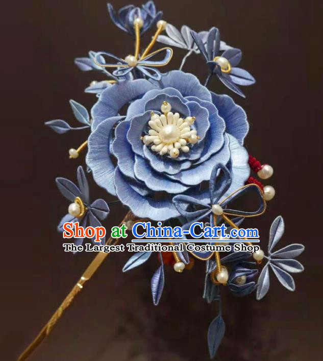 China Ming Dynasty Blue Silk Peony Hairpin Handmade Ancient Princess Hair Stick Traditional Hair Accessories