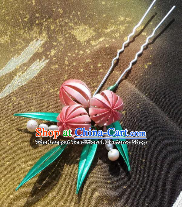 China Handmade Ancient Princess Silk Peach Hair Stick Traditional Hair Accessories Song Dynasty Hairpin