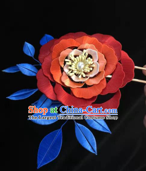 China Handmade Ancient Princess Silk Hair Stick Traditional Hair Accessories Song Dynasty Red Camellia Hairpin