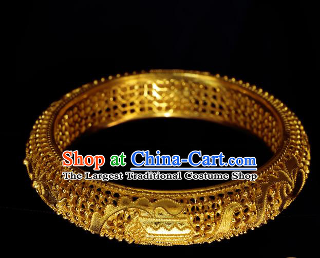 Handmade Chinese Traditional Ming Dynasty Filigree Bracelet Accessories Wedding Golden Bangle Jewelry