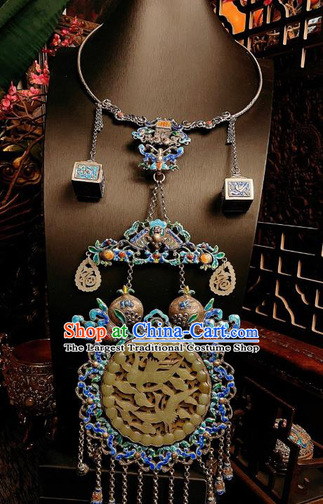 China Traditional Cloisonne Silver Necklace Accessories Handmade Jade Carving Crane Necklet Pendant