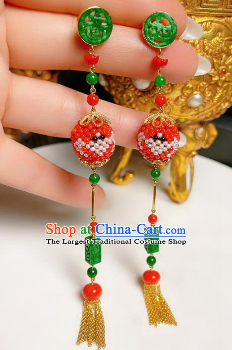 Chinese National Jadeite Tassel Earrings Traditional Jewelry Handmade Red Beads Ear Accessories