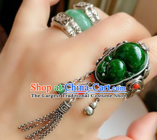 Top Chinese National Green Jadeite Ring Jewelry Traditional Handmade Wedding Accessories Silver Gourd Tassel Circlet