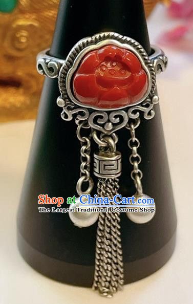 Top Chinese National Silver Tassel Ring Jewelry Traditional Handmade Accessories Wedding Red Jade Lotus Circlet