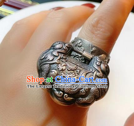 Chinese National Carving Dragon Ring Jewelry Traditional Handmade Accessories Retro Silver Circlet