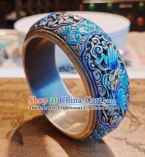 Handmade Chinese Blueing Silver Bracelet Accessories Traditional Culture Jewelry National Carving Dragon Bangle