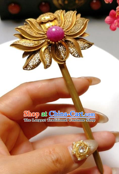 China Traditional Hair Accessories Handmade Qing Dynasty Filigree Lotus Hair Stick Classical Ruby Hairpin