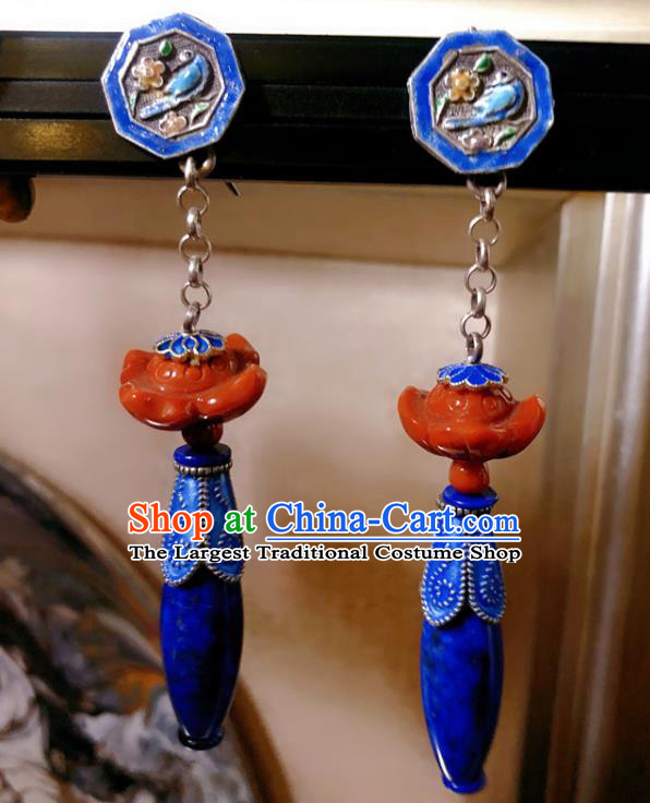 Chinese National Blueing Earrings Traditional Agate Lotus Jewelry Handmade Lapis Ear Accessories