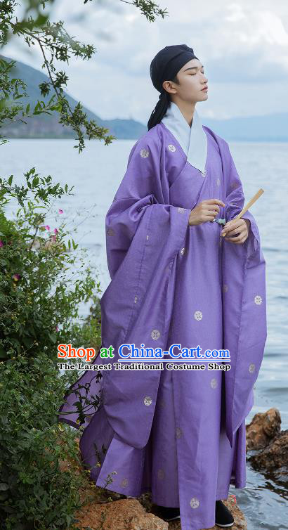 China Ancient Taoist Purple Silk Robe Traditional Ming Dynasty Historical Clothing for Men