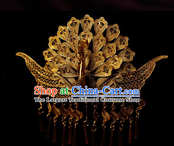 China Handmade Ming Dynasty Tassel Hairpin Traditional Hair Accessories Ancient Empress Golden Phoenix Hair Crown