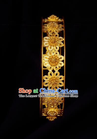 Handmade Chinese Carving Flower Golden Bracelet Accessories Traditional Qing Dynasty Palace Bangle Jewelry