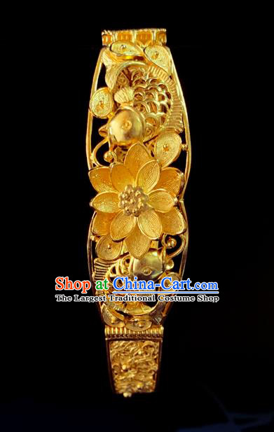 Handmade Chinese Traditional Wedding Golden Lotus Bangle Jewelry Silver Bracelet Accessories