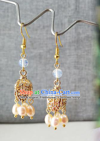 Chinese Classical Tang Dynasty Palace Lady Ear Accessories Ancient Princess Pearls Golden Earrings