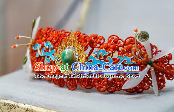 China Traditional Wedding Hair Jewelry Ming Dynasty Hairpin Ancient Empress Jade Red Hair Crown