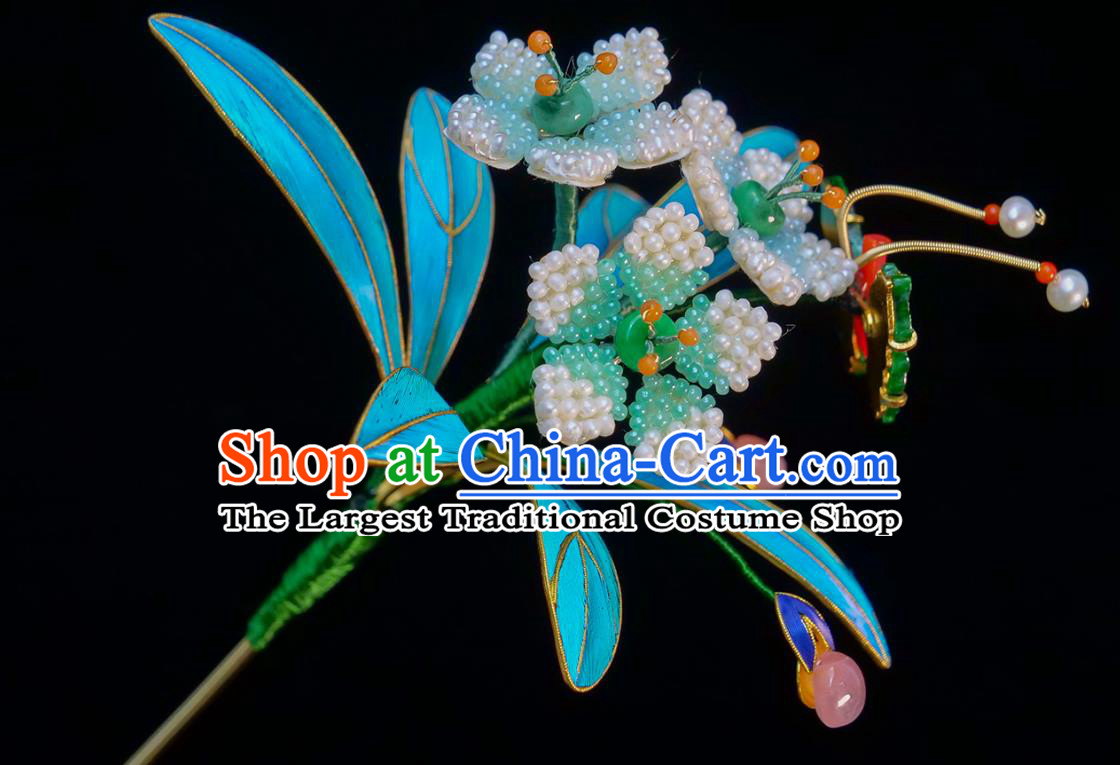 China Traditional Court Jade Hair Jewelry Qing Dynasty Daffodil Hair Stick Ancient Empress Pearls Hairpin