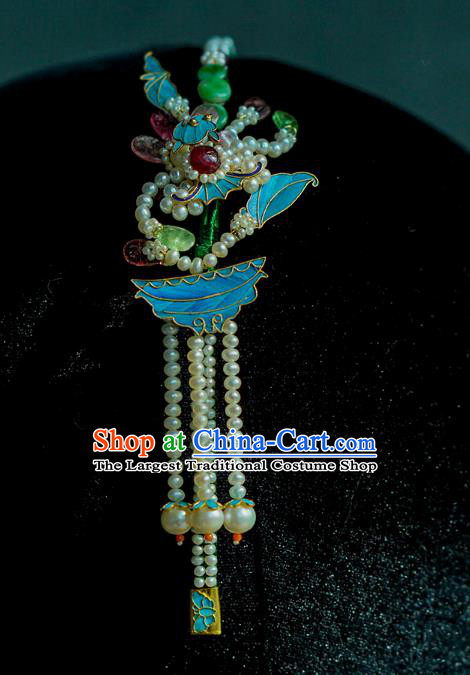 China Ancient Empress Hairpin Traditional Court Jade Hair Jewelry Qing Dynasty Pearls Tassel Hair Clasp