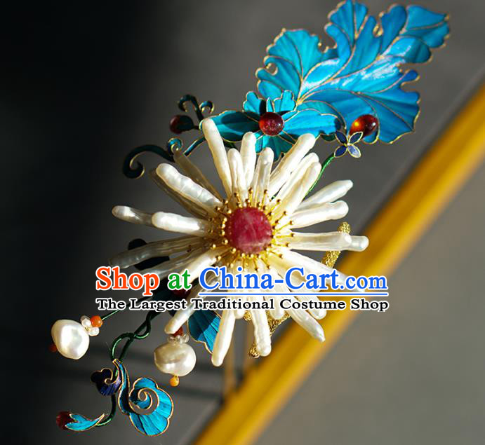 China Ancient Empress Blueing Hairpin Traditional Court Ruby Hair Jewelry Qing Dynasty Pearls Chrysanthemum Hair Stick