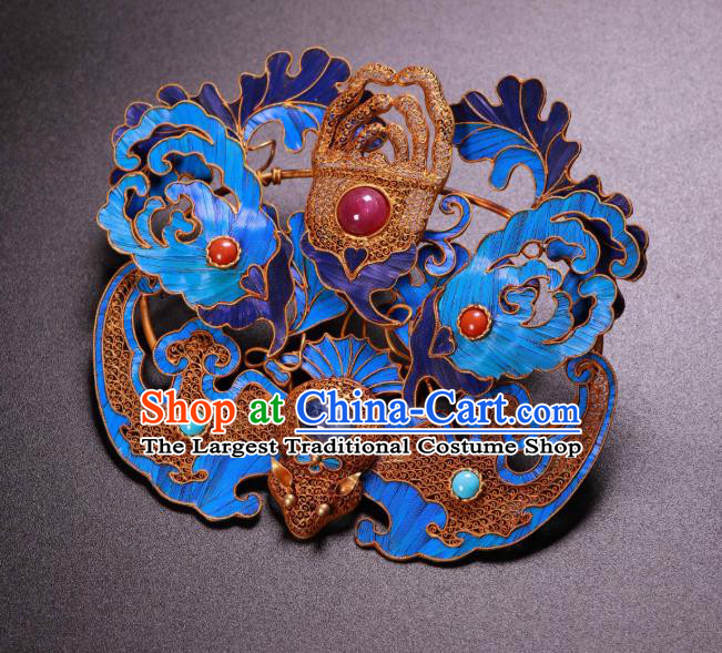 China Ancient Qing Dynasty Court Empress Gems Hairpin Traditional Handmade Filigree Bat Hair Crown