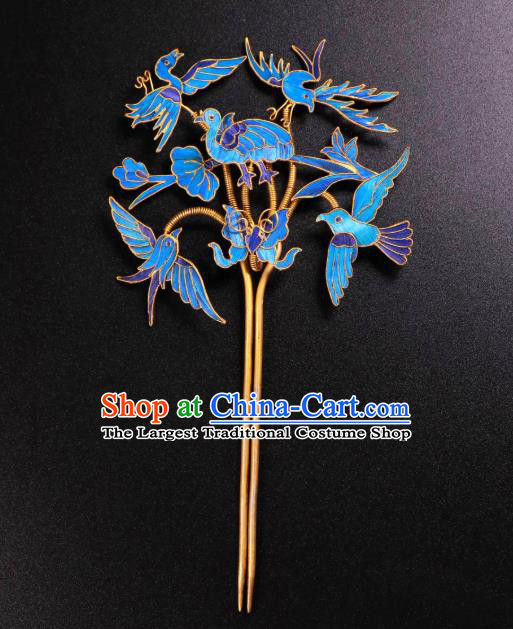 China Handmade Blueing Birds Hair Stick Ancient Qing Dynasty Imperial Consort Hairpin