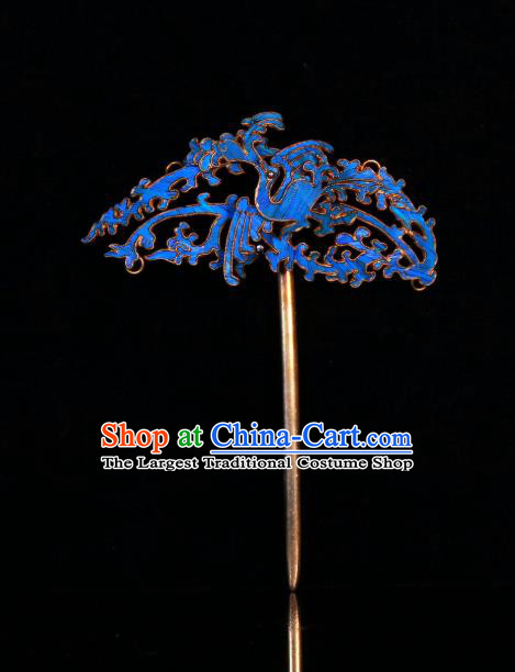 China Handmade Qing Dynasty Court Hairpin Ancient Imperial Consort Blueing Phoenix Hair Stick