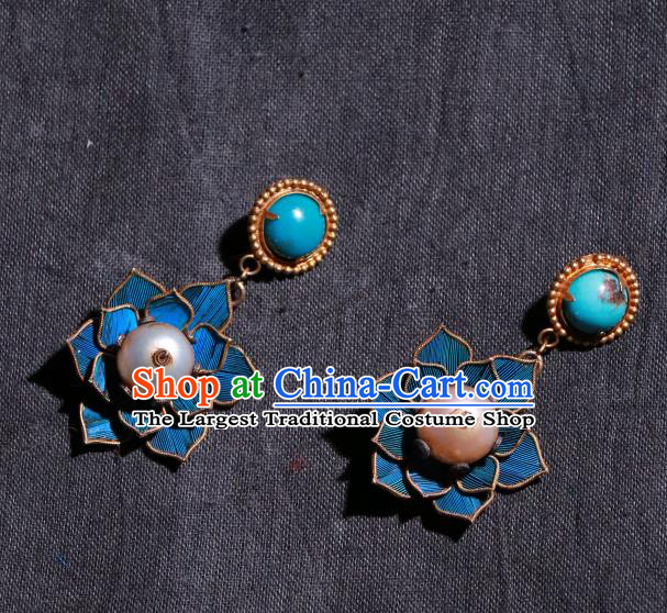 Chinese Classical Pearl Jewelry Qing Dynasty Earrings Ancient Palace Lady Blueing Lotus Ear Accessories