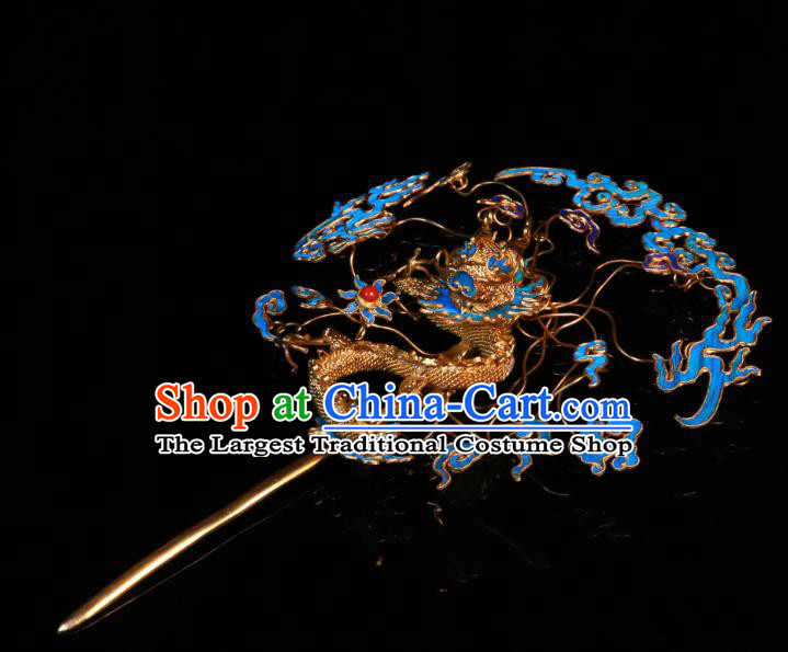 China Handmade Qing Dynasty Blueing Cloud Hairpin Ancient Imperial Consort Filigree Dragon Hair Stick