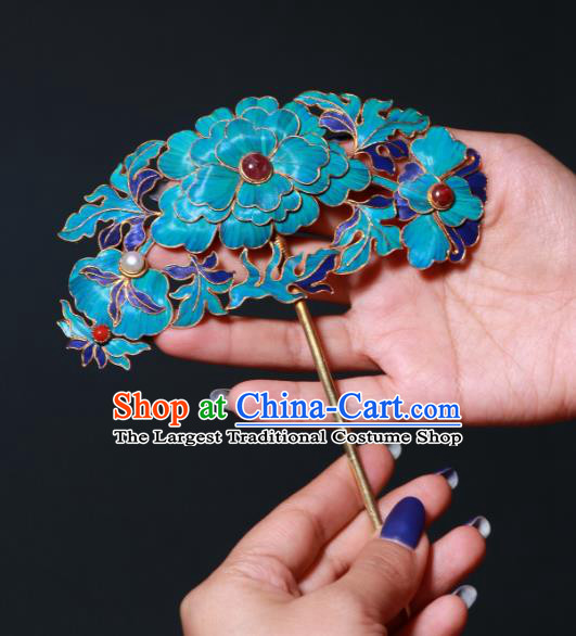 China Traditional Garnet Hair Jewelry Qing Dynasty Empress Hairpin Ancient Court Cloisonne Peony Hair Stick