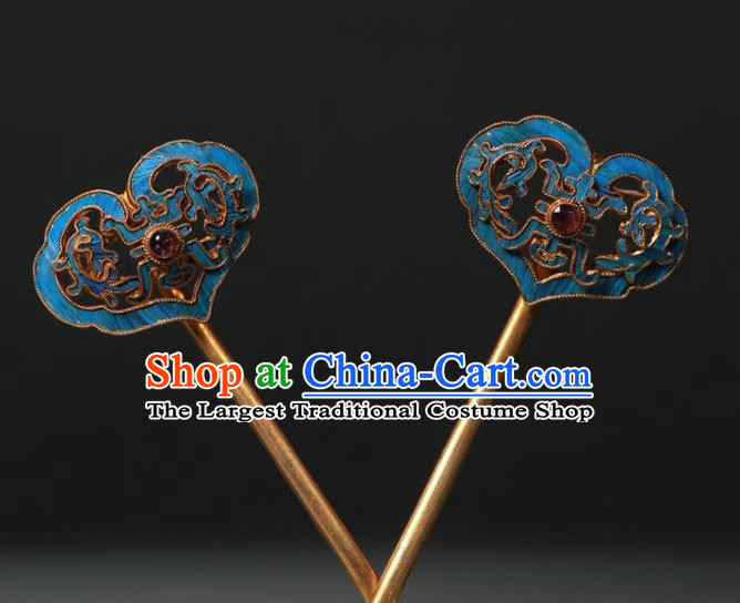 China Ancient Court Cloisonne Hair Stick Traditional Garnet Hair Jewelry Qing Dynasty Empress Hairpin