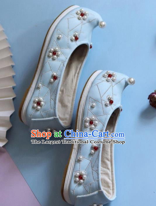 Handmade Chinese Wedding Embroidered Pearls Shoes Traditional Hanfu Shoes Ancient Princess Bow Shoes