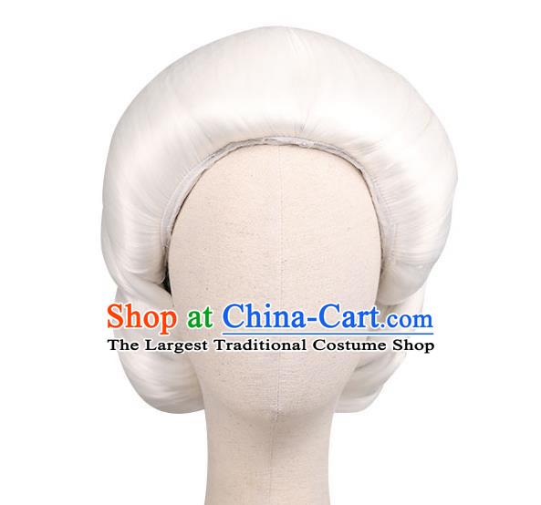 Handmade Chinese Ancient Elderly Woman White Wig Sheath Traditional Ming Dynasty Dowager Countess Wigs Chignon Headwear